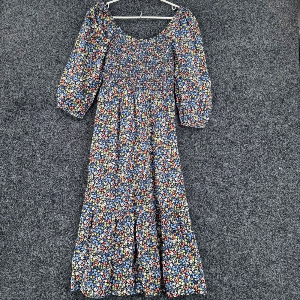 Gap Womens Small Floral Smocked Midi Dress Navy Blue Cotton Puff Sleeve Tiered